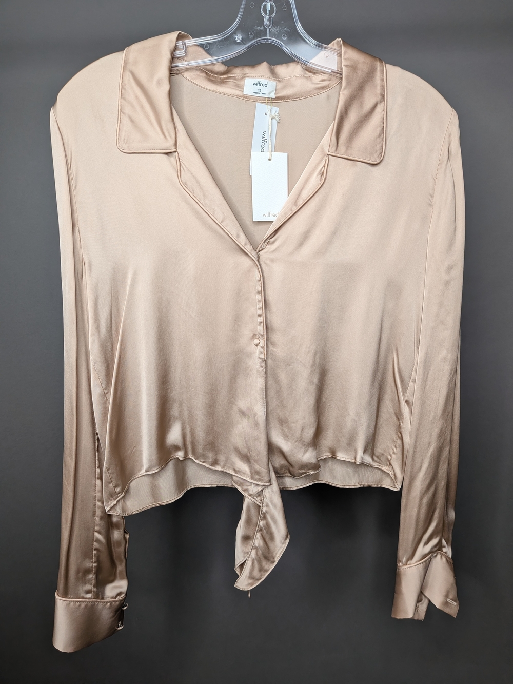 Wilfred Champagne Tie-Front Satin Buttoned Blouse NWT